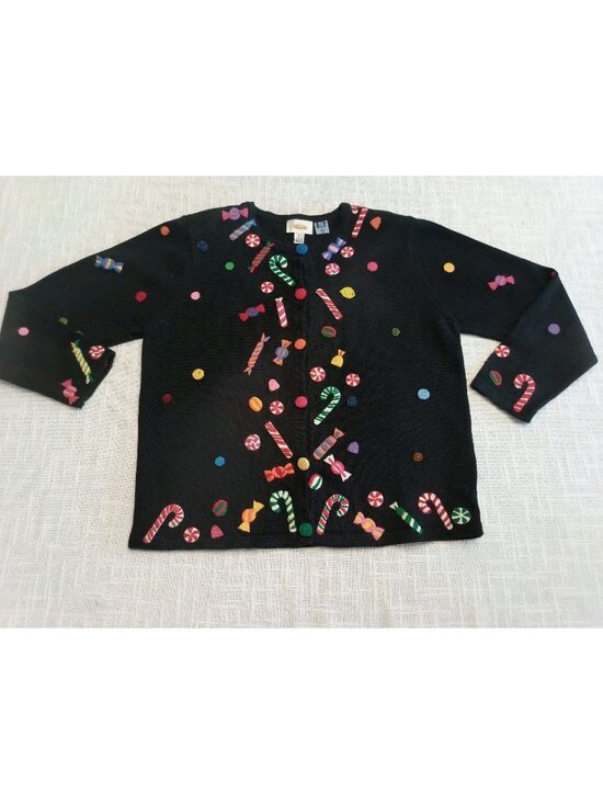 Talbots Sweaters - Vintage Talbots Hand Knit Christmas Holiday Sweater Cardigan Candy Canes Size L